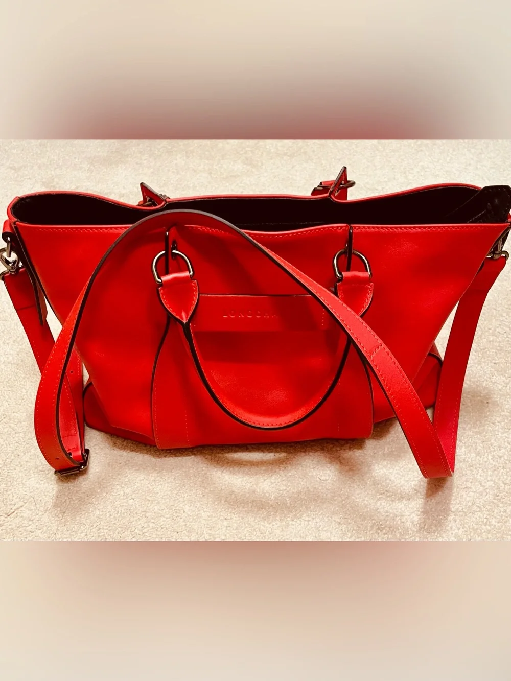 Longchamp Leather Top Handle Satchel Tote Red Crossbody Bag w/ Strap